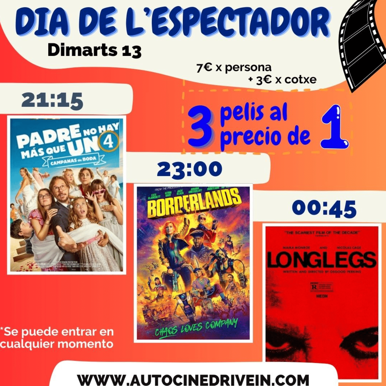 Día espectador autocine, 3 películas por el precio de 1.