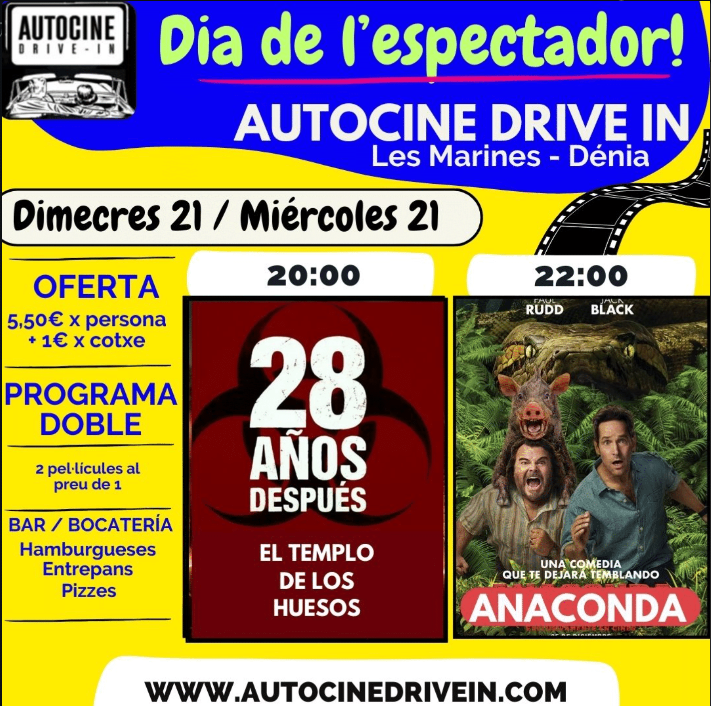 Cartel autocine Dénia con películas 28 años después y Anaconda