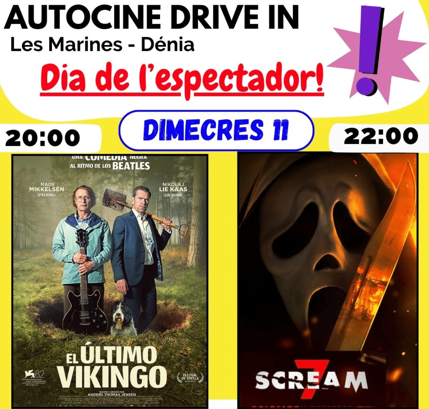 Cartel autocine con películas El Último Vikingo y Scream 7