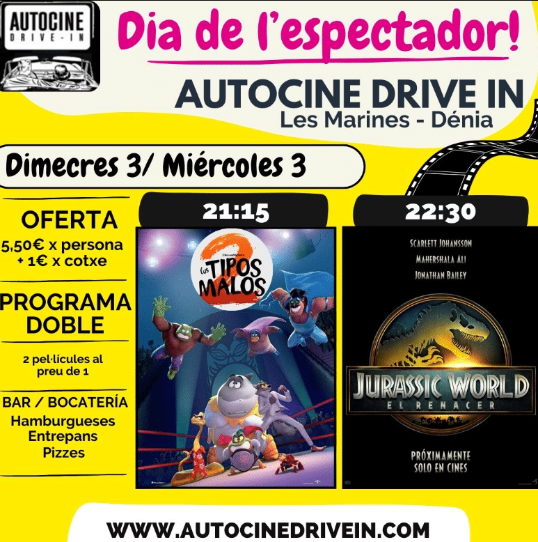 Anuncio de películas en autocine Dénia, oferta miércoles.