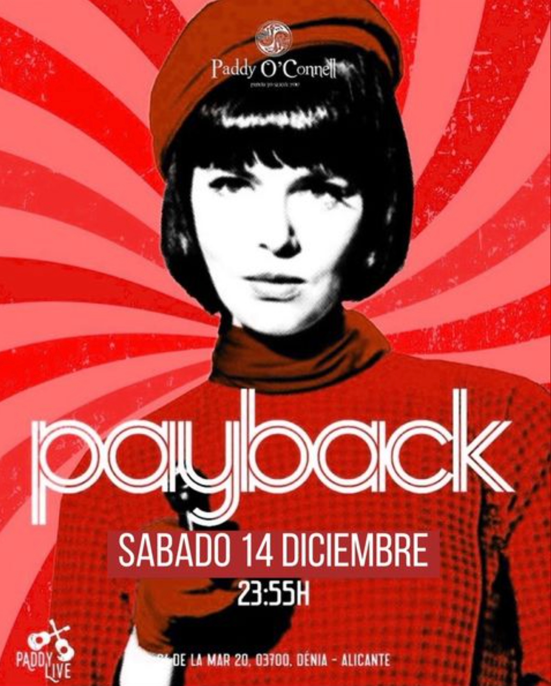 Evento musical Payback, sábado 14 diciembre, Paddy O'Connell