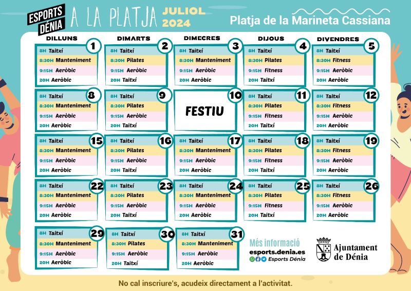 Calendario actividades deportivas playa julio 2024 Dénia.