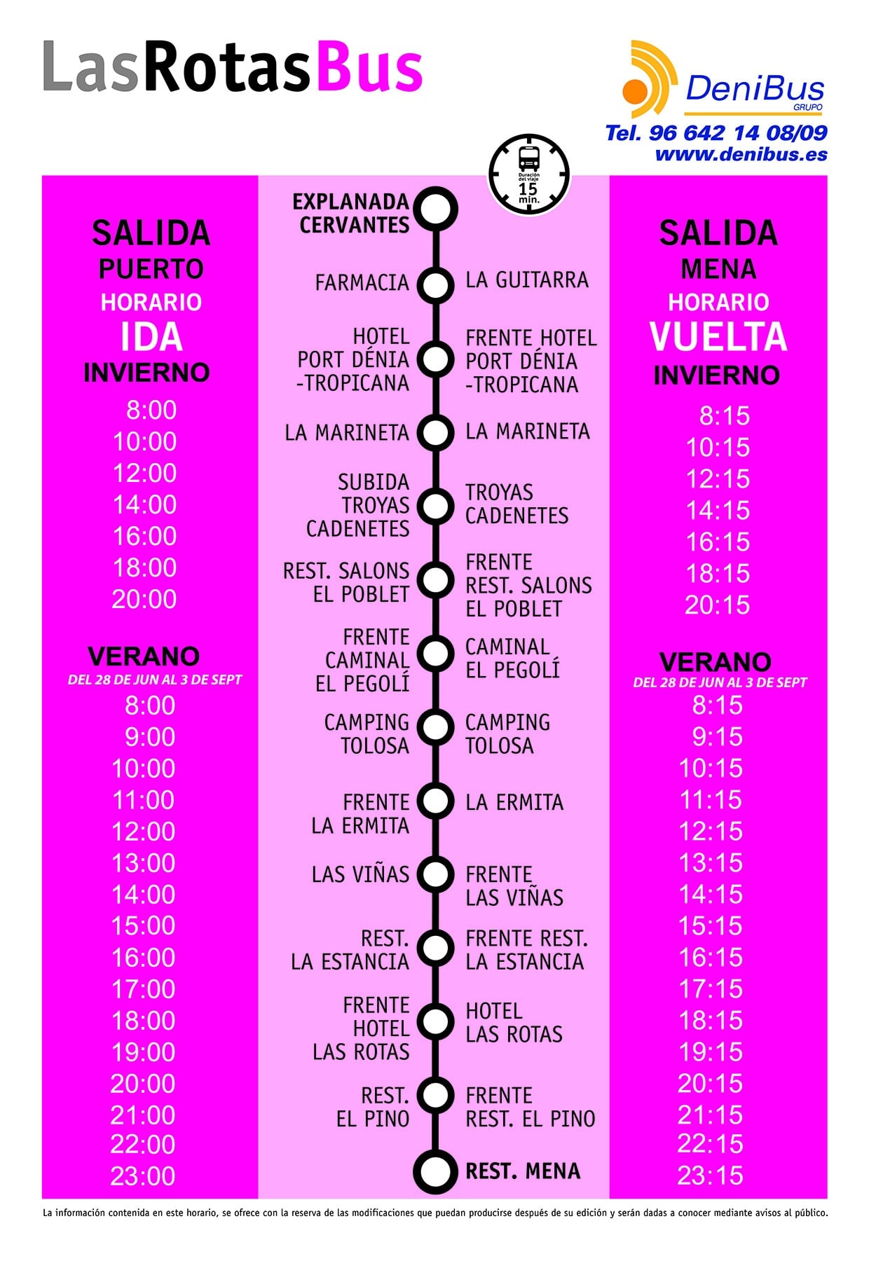 Horarios de invierno y verano para la línea Las Rotas Bus Denia.