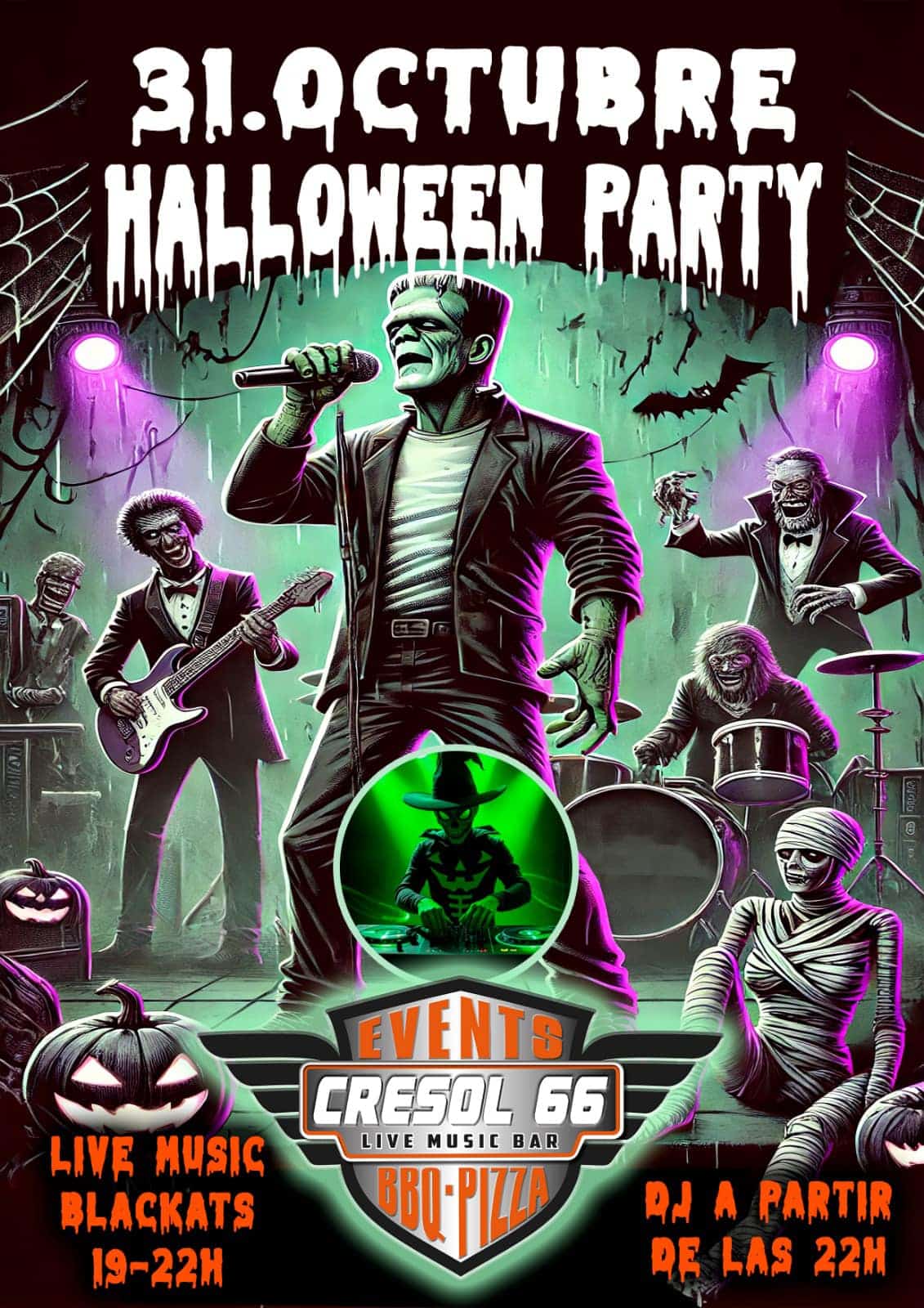 Cartel fiesta Halloween 31 octubre, música en vivo.