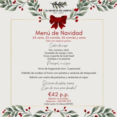 Menú navideño con platos variados y postres caseros.