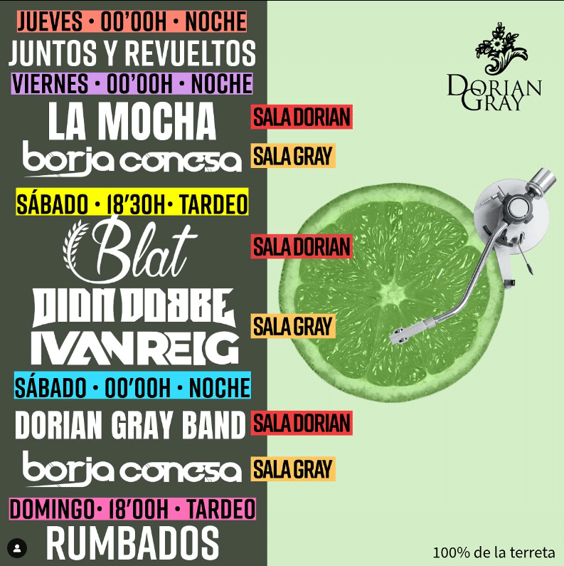 Cartel de eventos musicales en Sala Dorian y Gray.