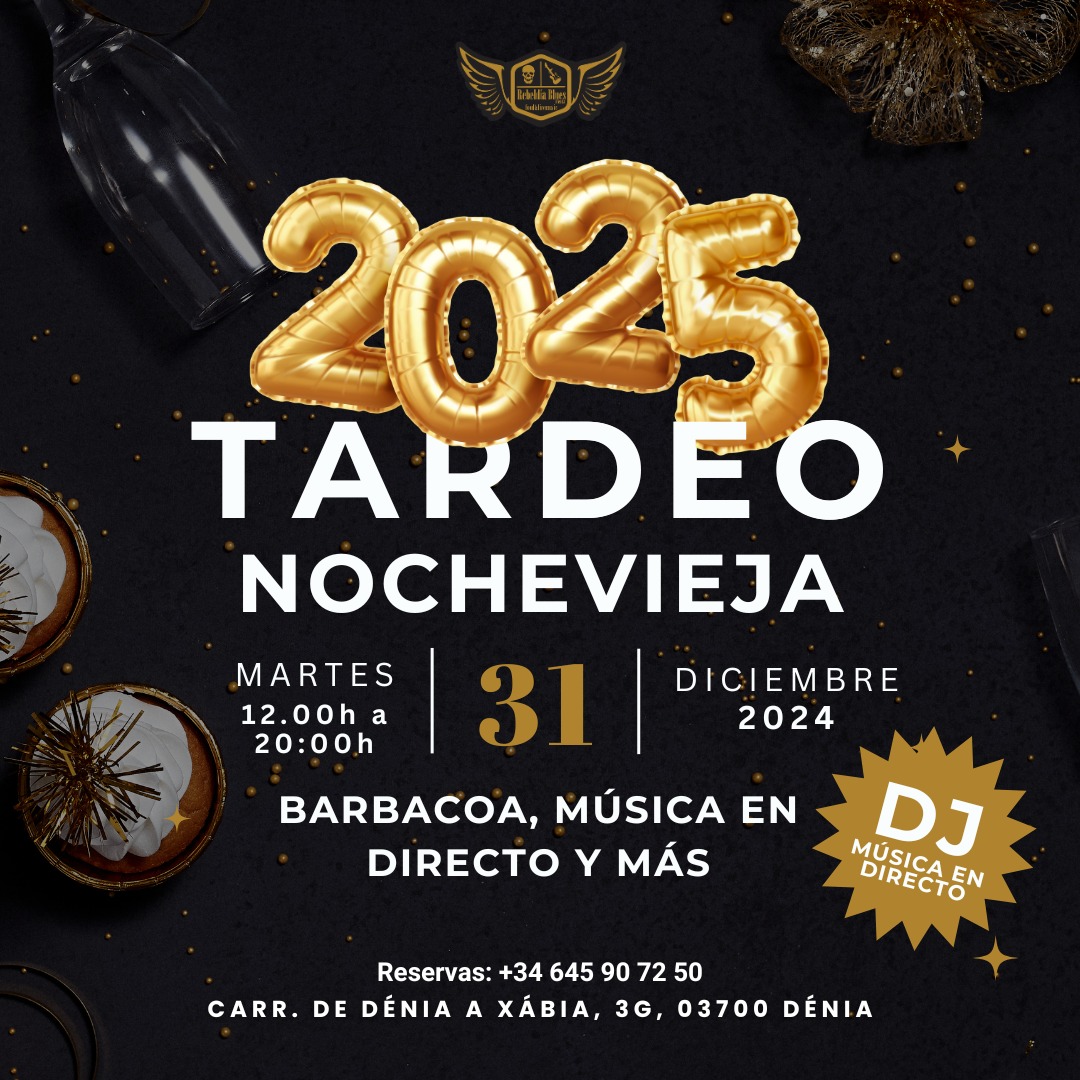 Evento de Nochevieja 2024 con barbacoa y música.