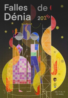 Cartel de Fallas Dénia 2025, arte colorido.
