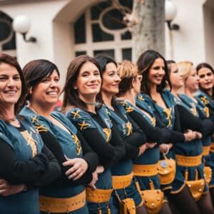 Grupo de mujeres sonrientes en desfile festivo