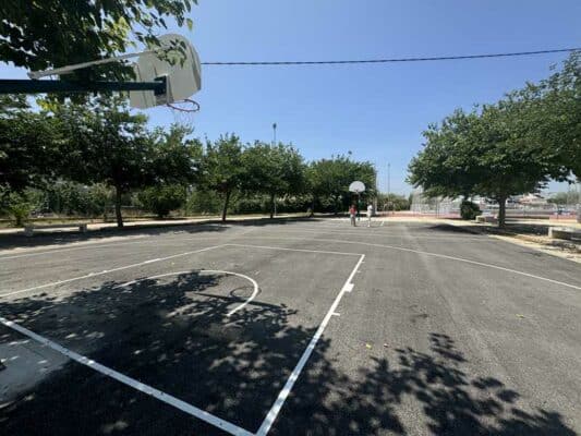 Cancha de baloncesto exterior rodeada de árboles.