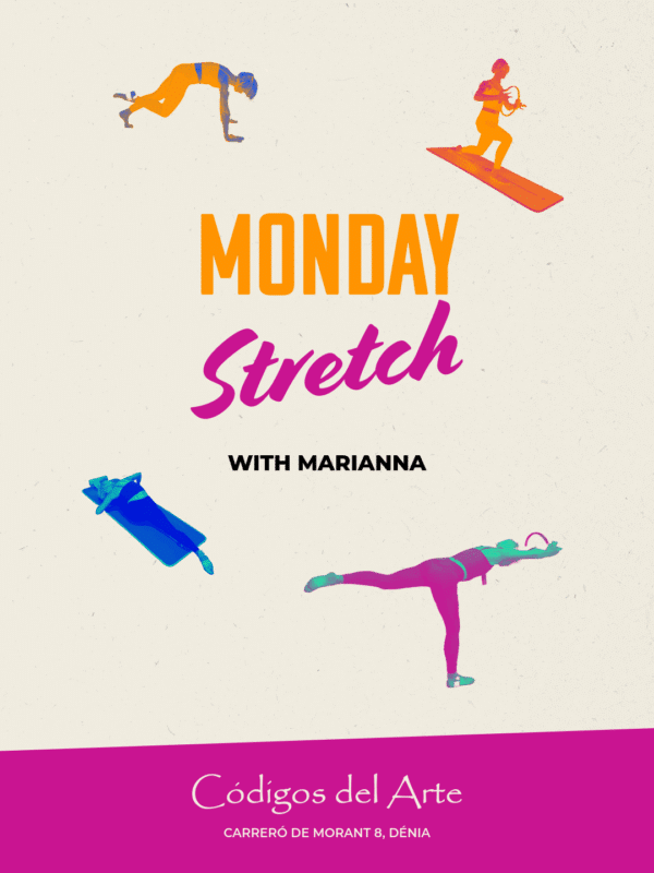 Cartel de clase de estiramientos lunes en Dénia.