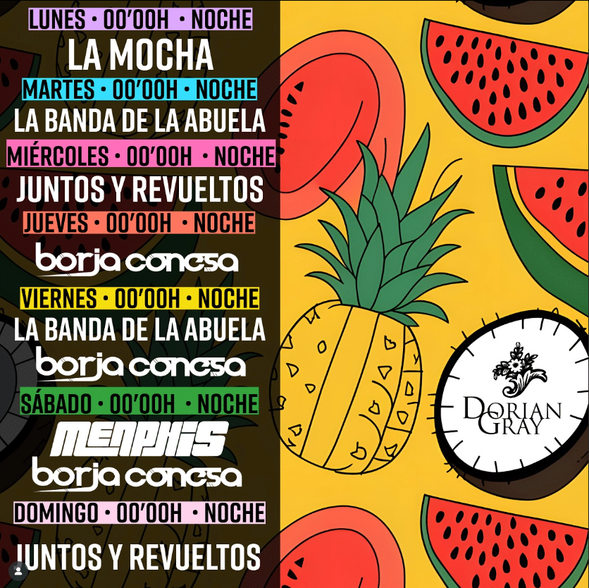 Cartel semanal de eventos musicales en Dorian Gray.