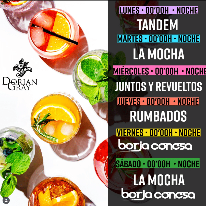 Menú de cócteles y eventos en Dorian Gray