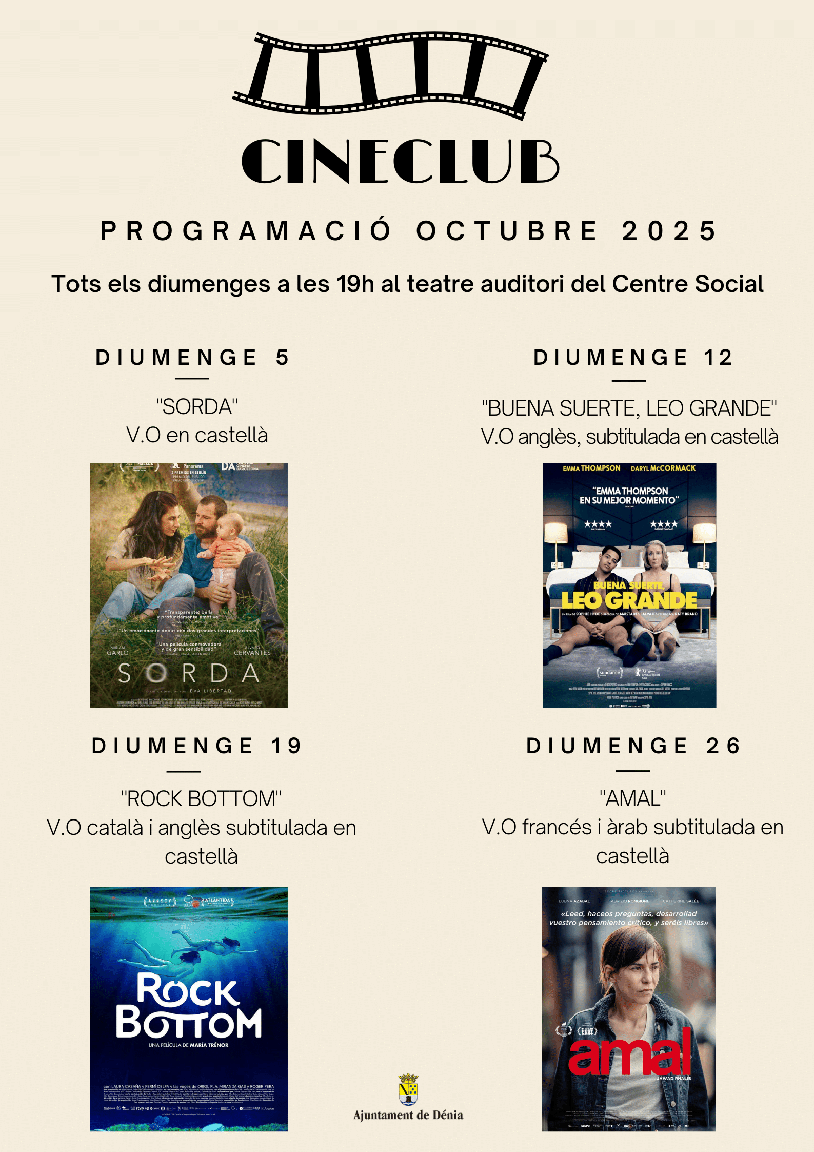 Cartelera Cineclub octubre 2025, películas y horarios.