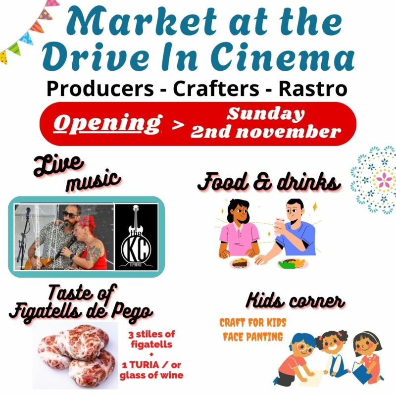 Mercadillo con música, comida, actividades para niños.