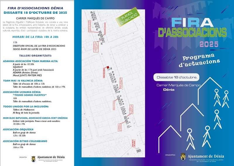 Programa Fira d'Associacions Dénia 2025, con talleres y mapa.