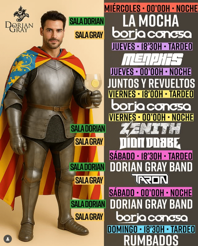 Eventos musicales en Dorian Gray, hombre con armadura.
