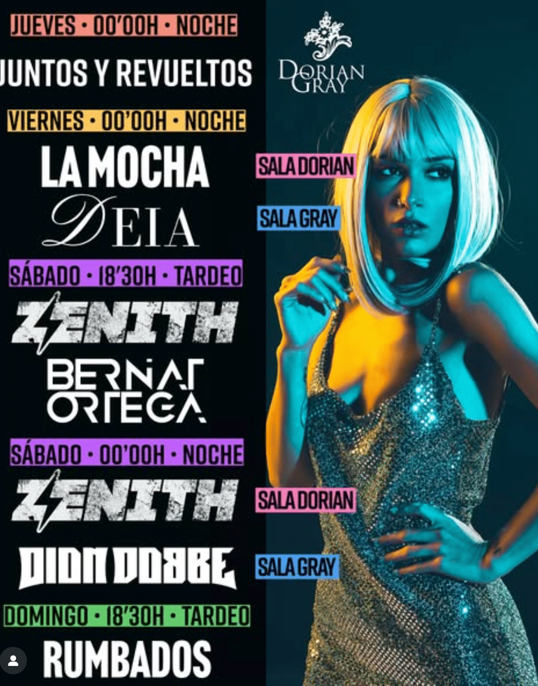 Cartel de eventos en Dorian Gray.