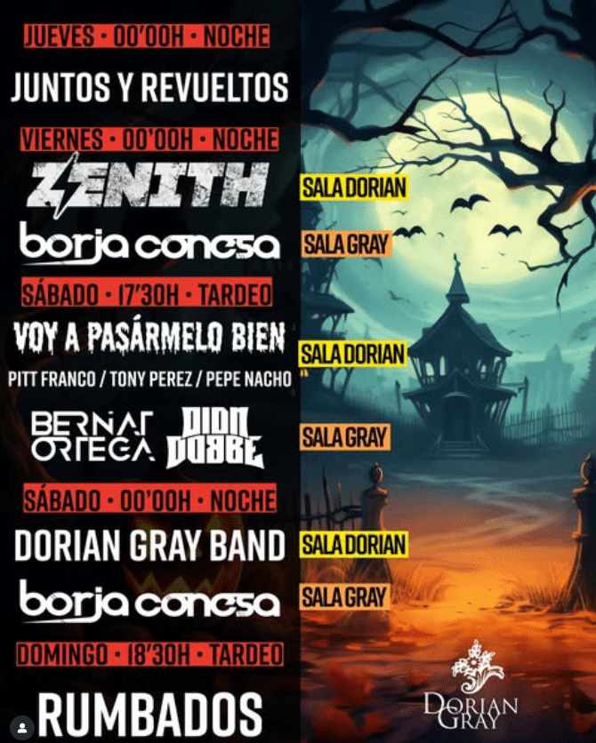 Cartel eventos musicales en Sala Dorian y Gray.