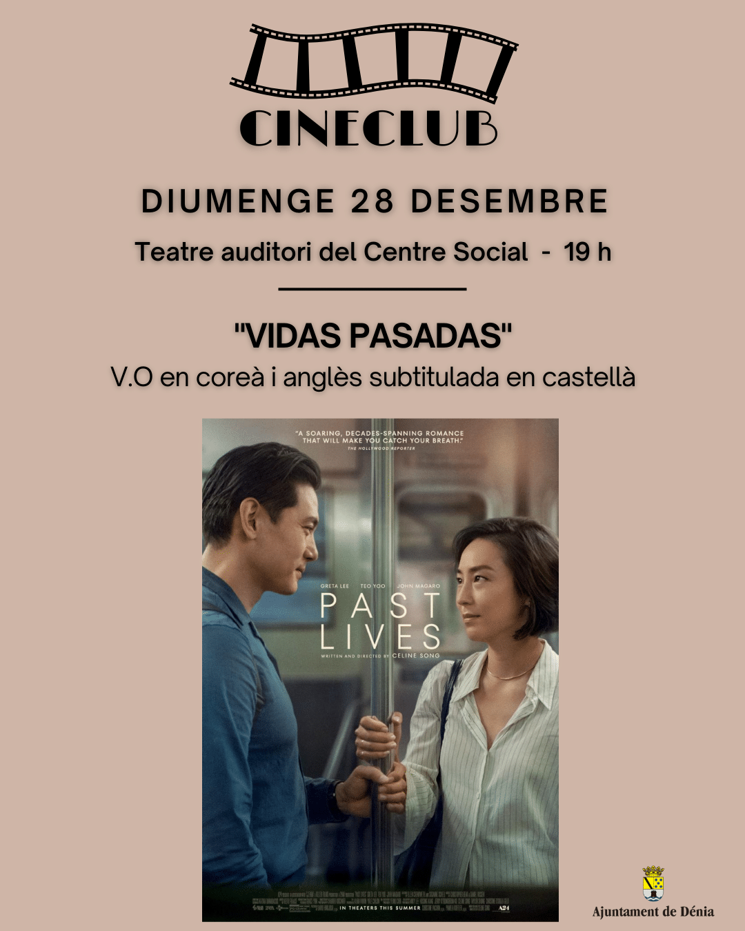 Cartel cineclub película Vidas Pasadas, 28 diciembre.