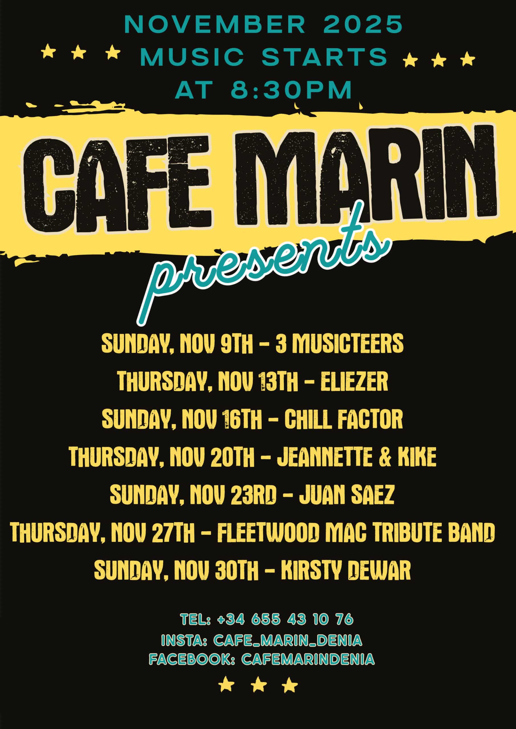 Cartel musical noviembre 2025 en Café Marin
