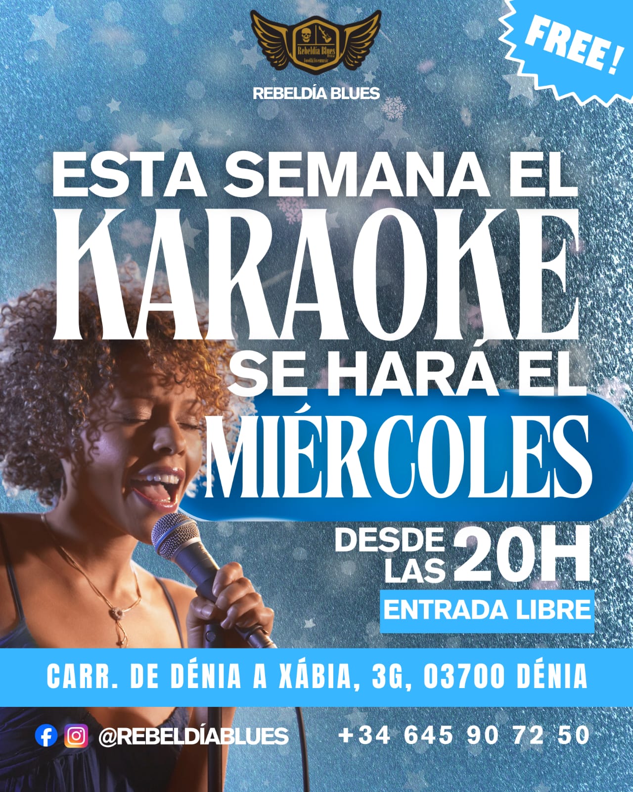 Cartel de karaoke Rebeldía Blues, miércoles 20h.