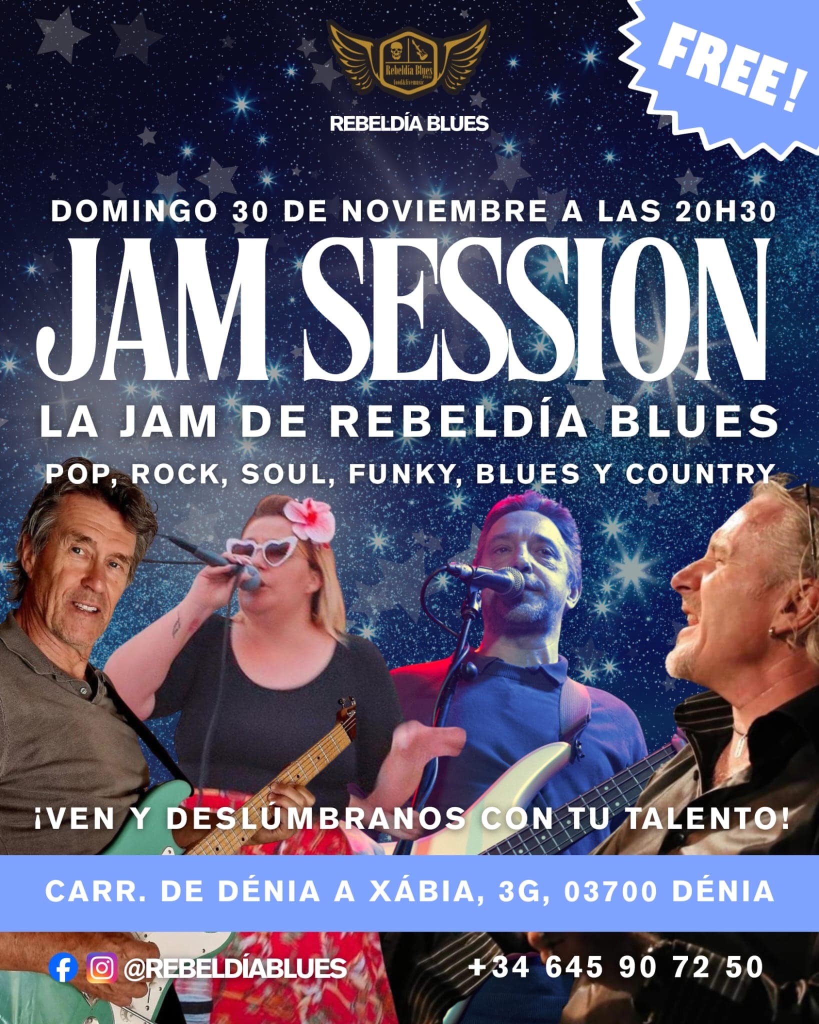 Cartel Jam Session Rebelde Blues en Dénia, gratis.