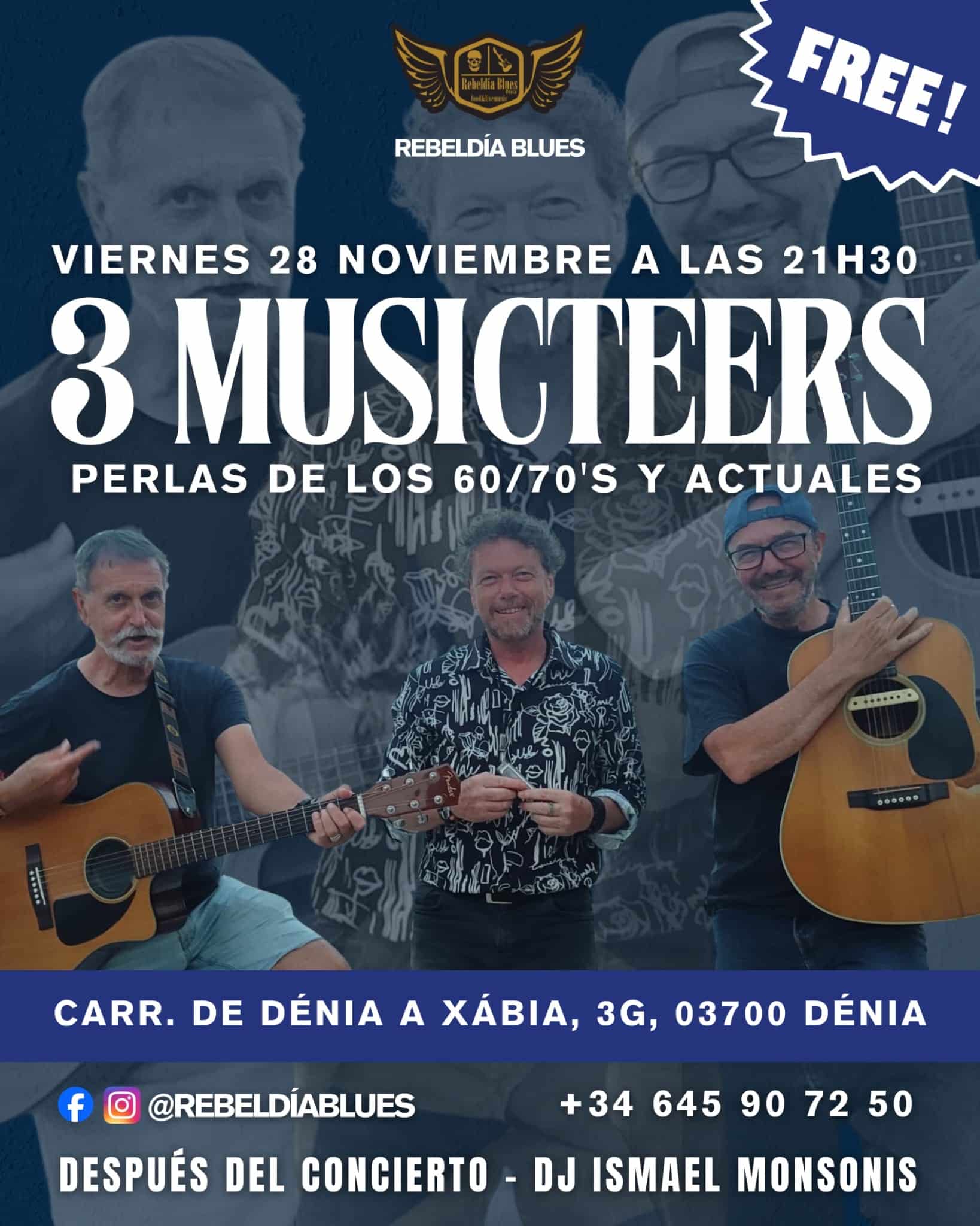 Concierto 3 Musicteers en Dénia, noviembre, entrada gratuita.