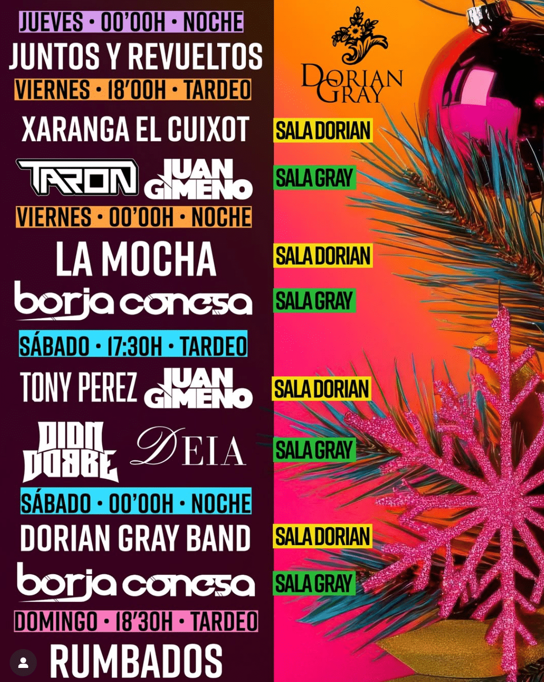 Cartel eventos musicales Sala Dorian y Sala Gray