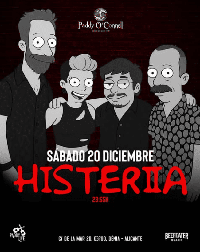 Cartel concierto Histeria en Paddy O’Connell Dénia
