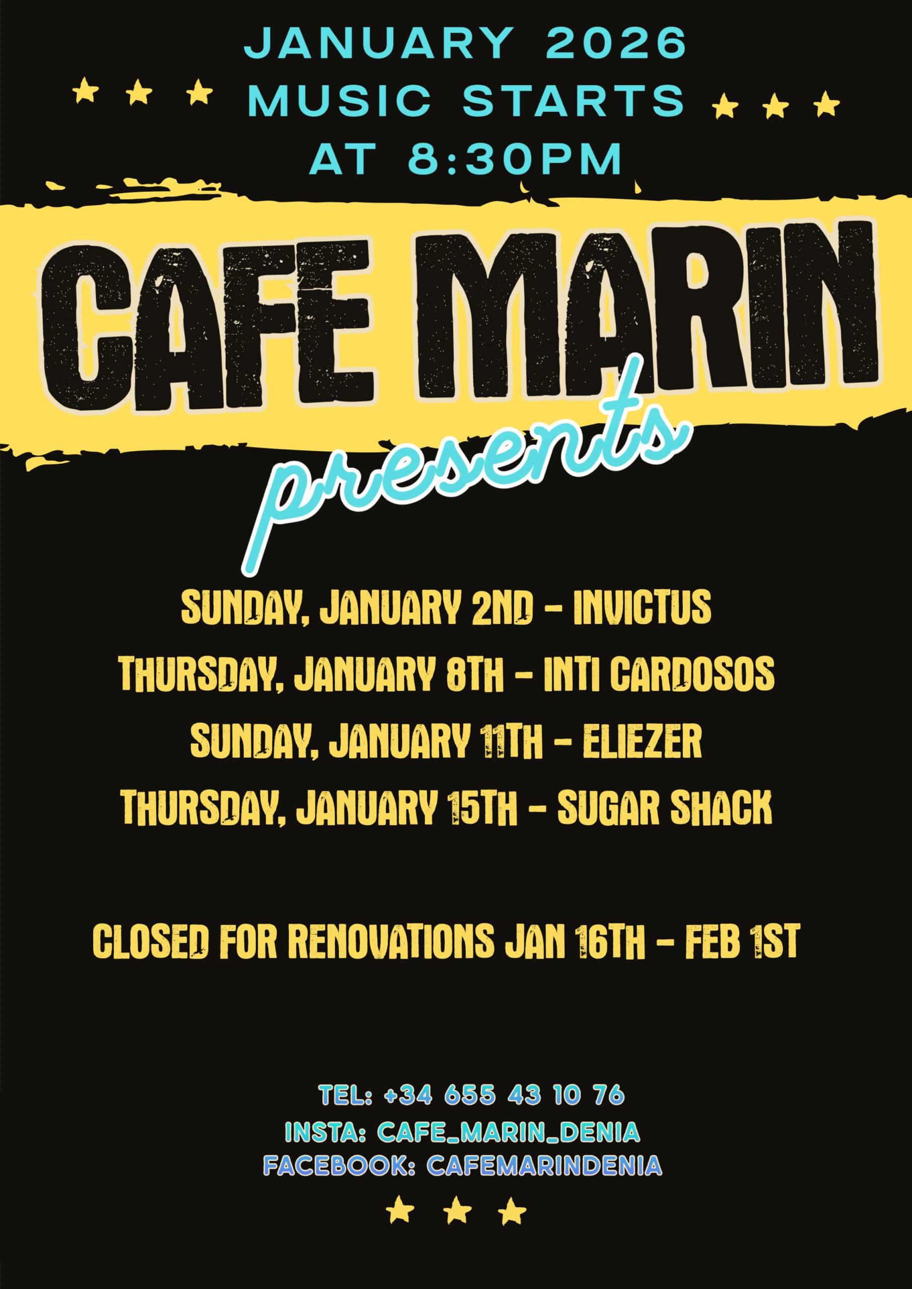 Cartel conciertos enero 2026 en Café Marín