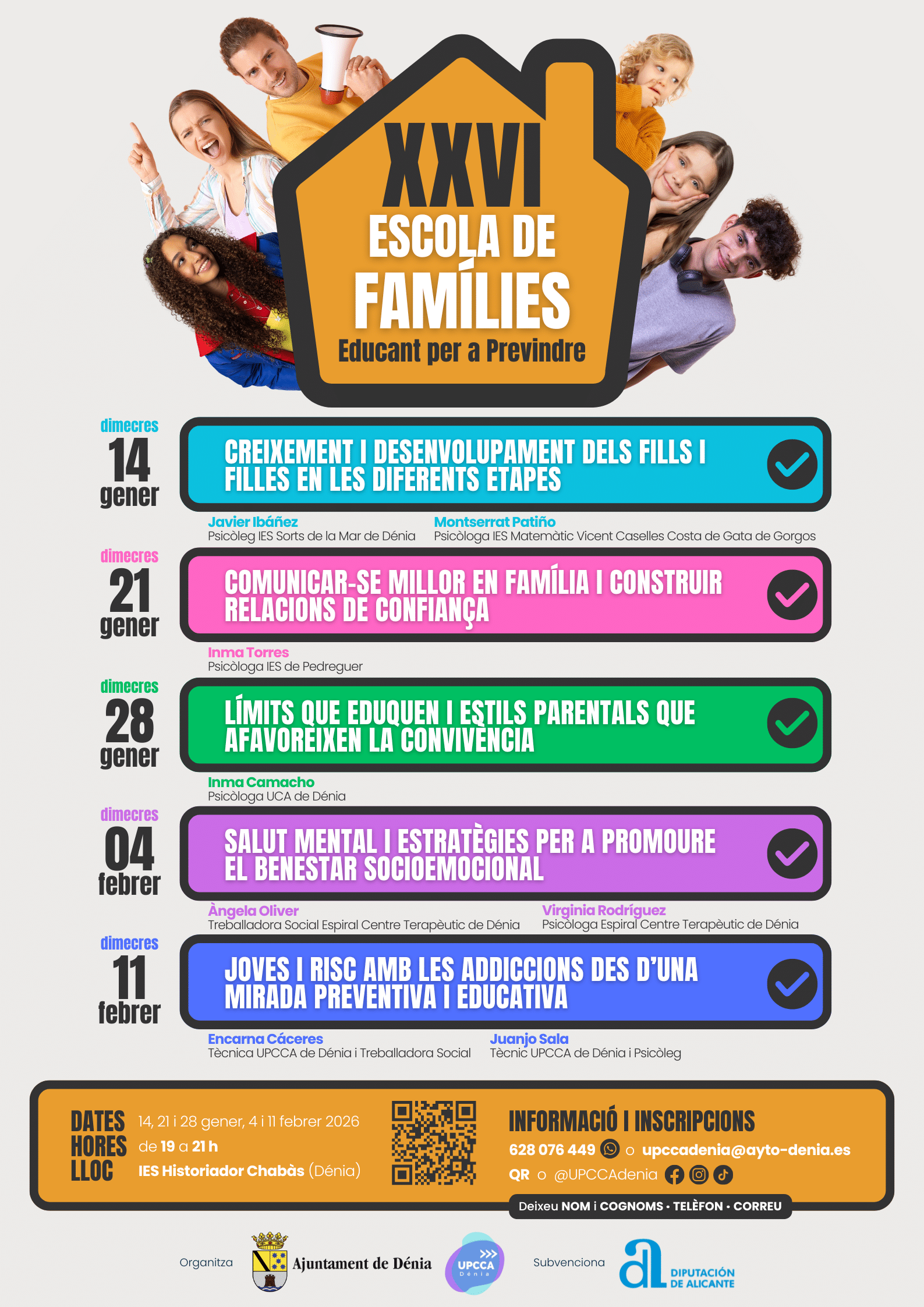 Cartel Escola de Famílies Dénia 2026 con fechas y talleres