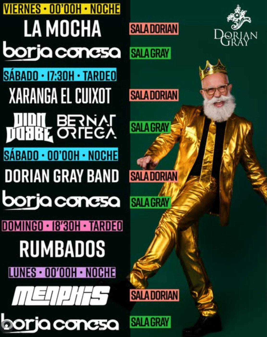 Cartel eventos musicales en Sala Dorian Gray