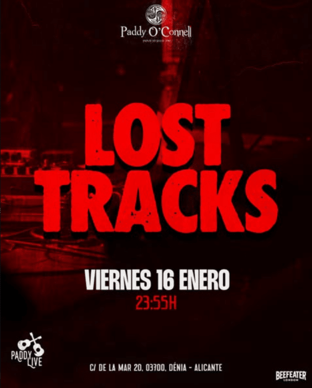 Cartel fiesta Lost Tracks en Paddy O’Connell Dénia