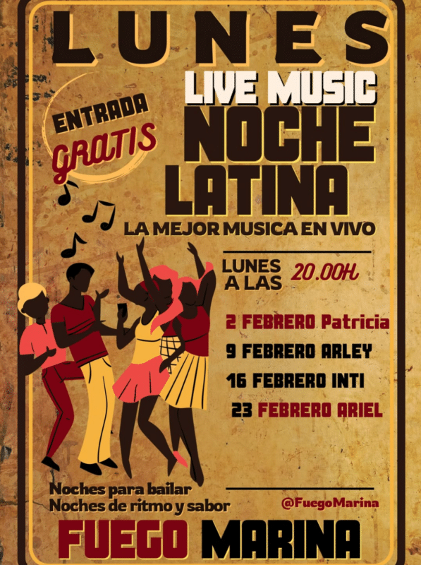 Cartel Noche Latina con música en vivo y baile.