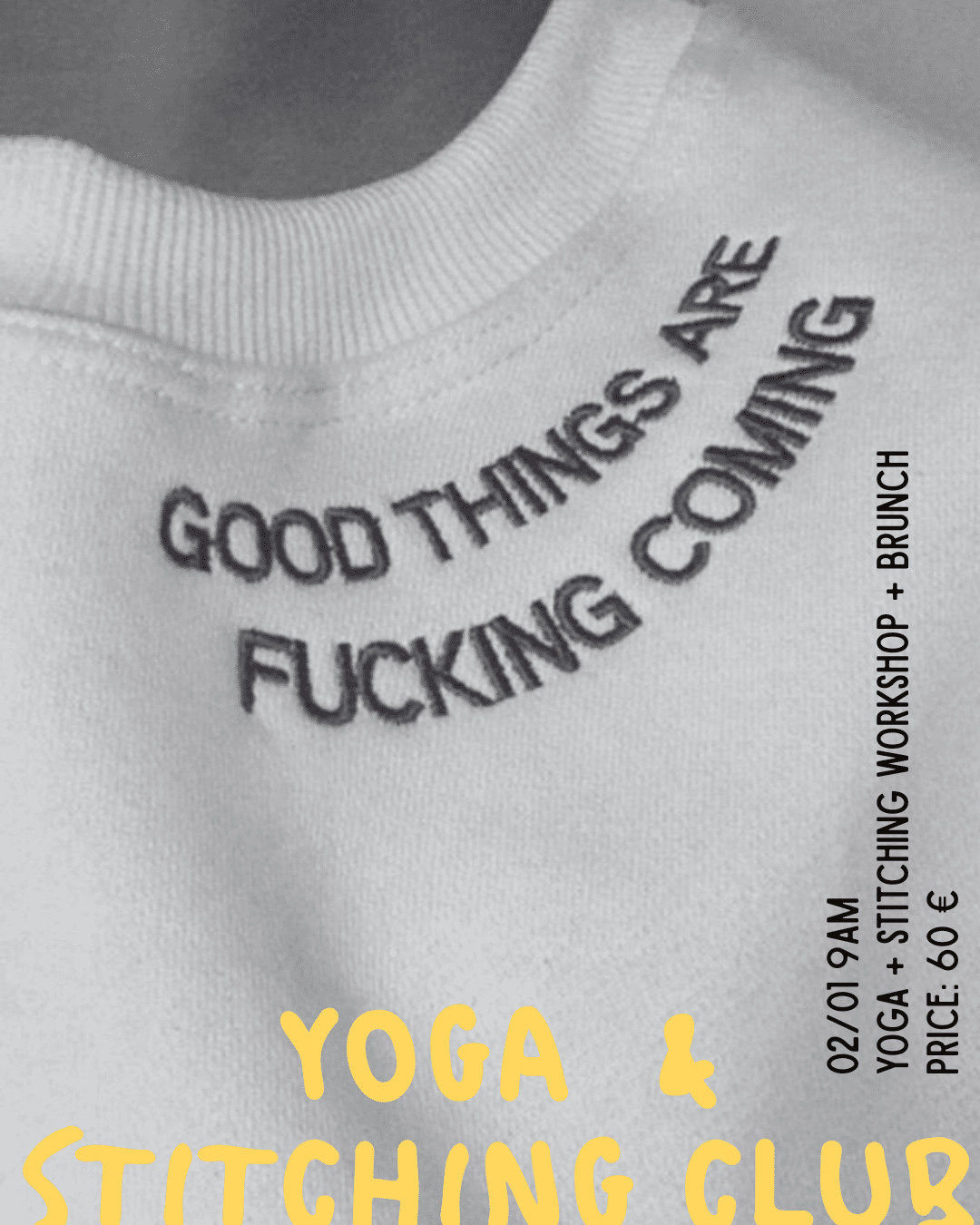 Cartel taller de yoga y bordado con información de evento
