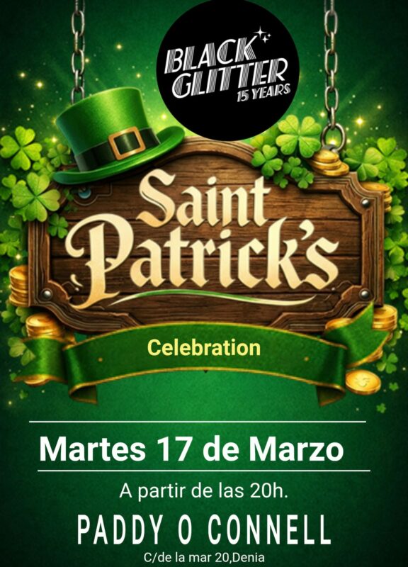 Cartel celebración Saint Patrick’s con tréboles y sombrero verde