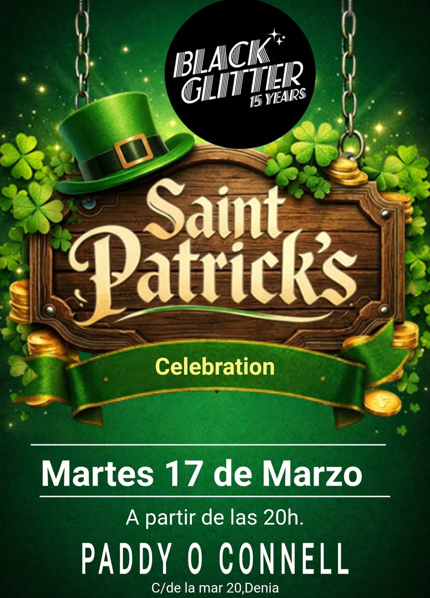 Cartel celebración Saint Patrick’s con tréboles y sombrero verde