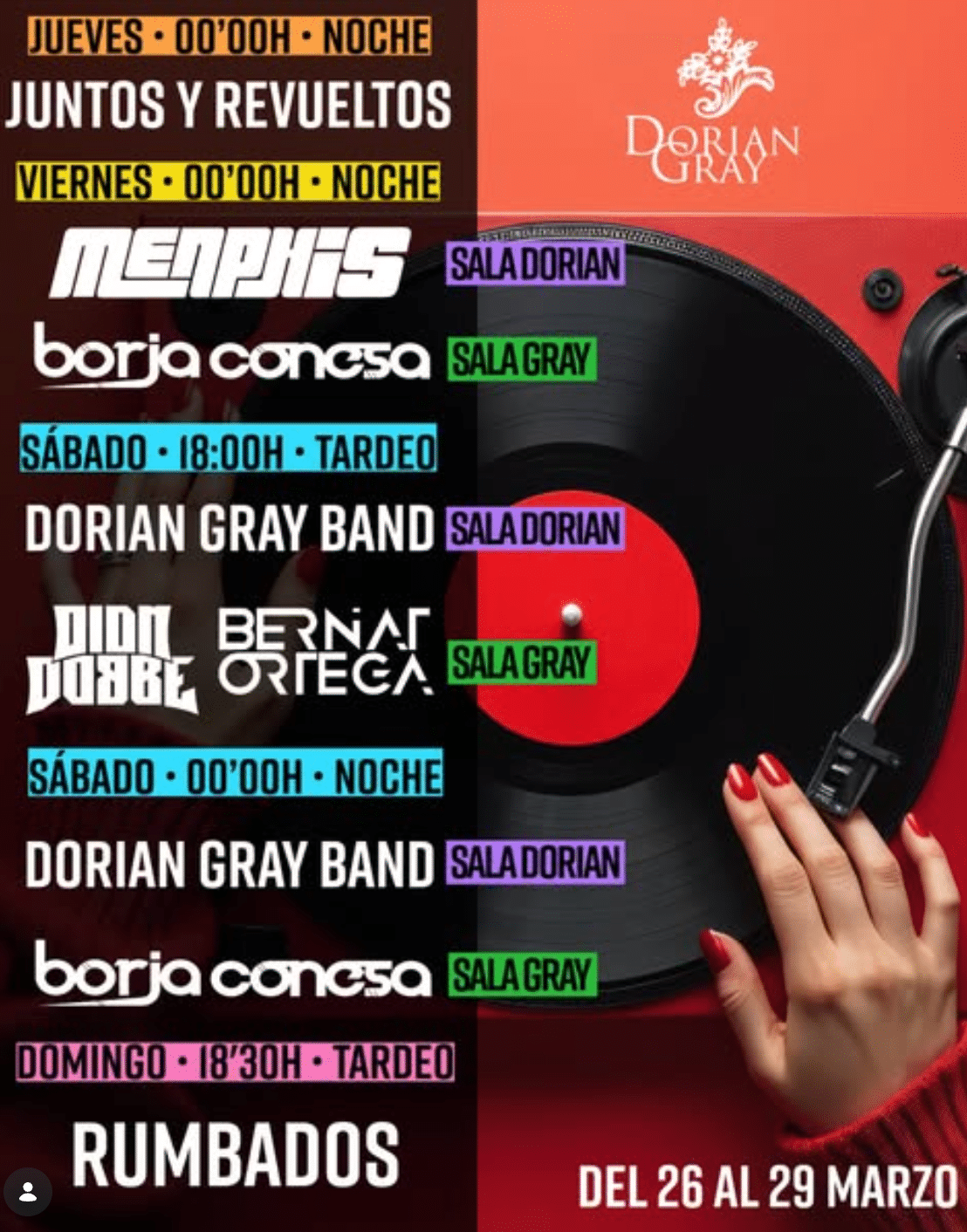 Cartel eventos Dorian Gray con tocadiscos y vinilo