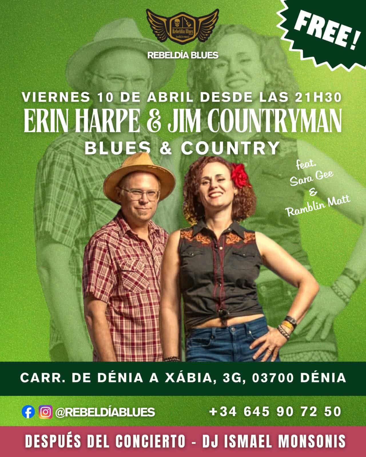 Cartel concierto Erin Harpe y Jim Countryman