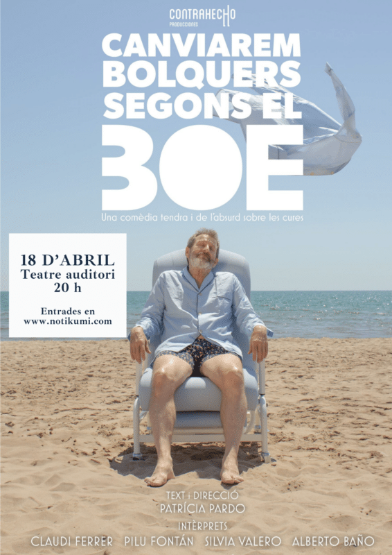 Hombre sentado en la playa, cartel teatral