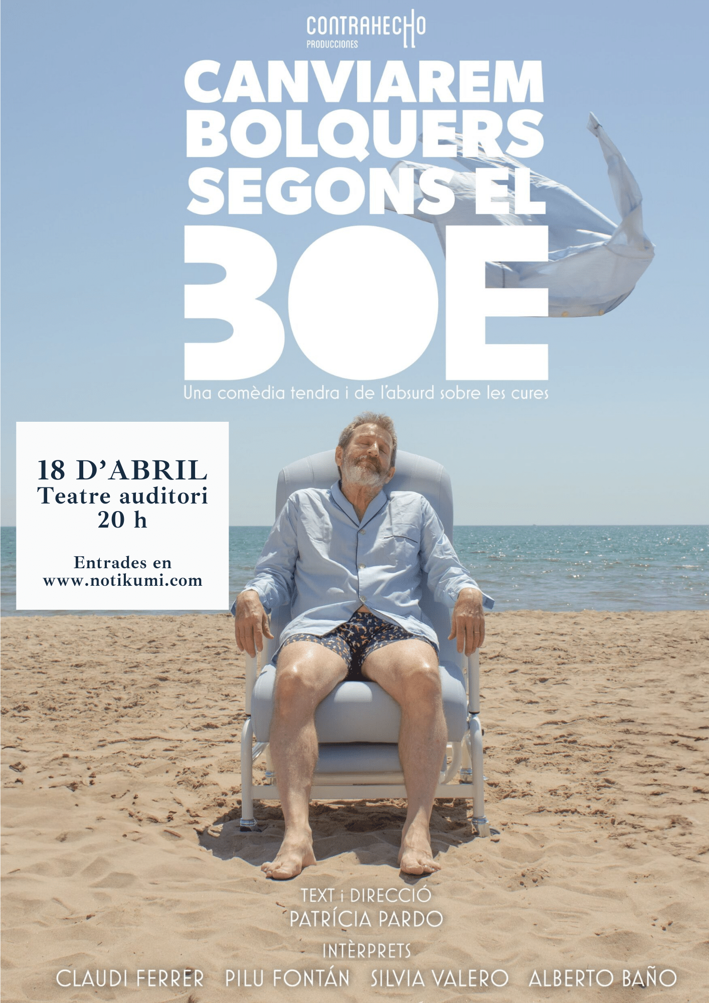 Hombre sentado en la playa, cartel teatral