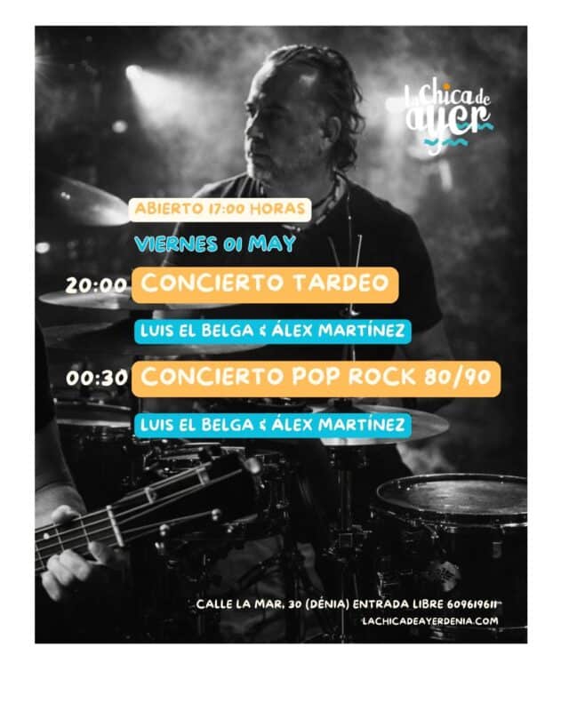 Cartel concierto con batería en blanco y negro