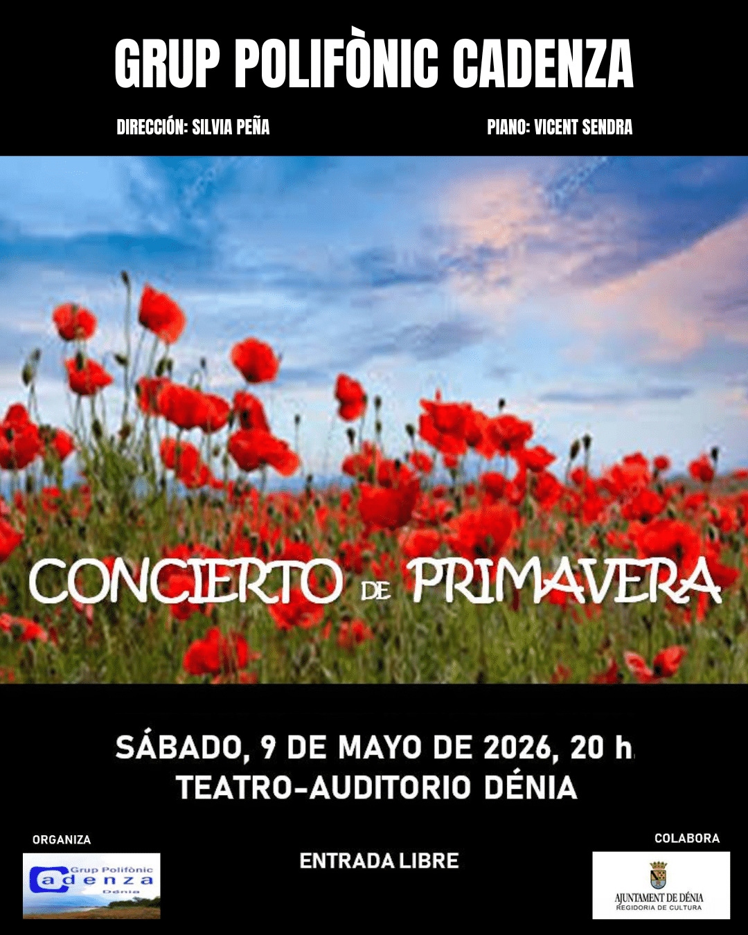 Cartel concierto primavera con amapolas rojas