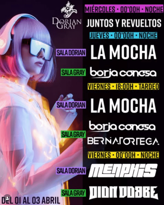 Cartel evento Dorian Gray con DJs y fechas