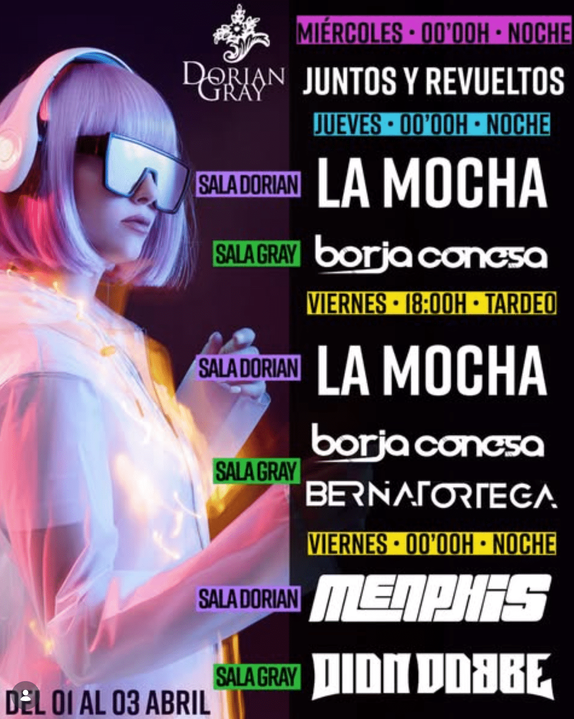 Cartel evento Dorian Gray con DJs y fechas