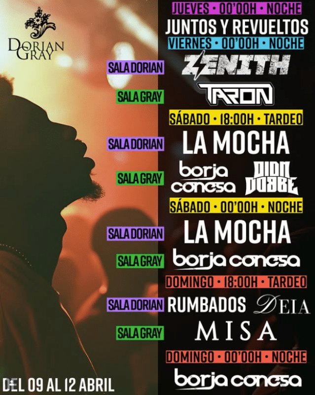 Cartel de eventos en Dorian Gray abril