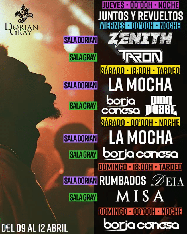 Cartel de eventos en Dorian Gray abril