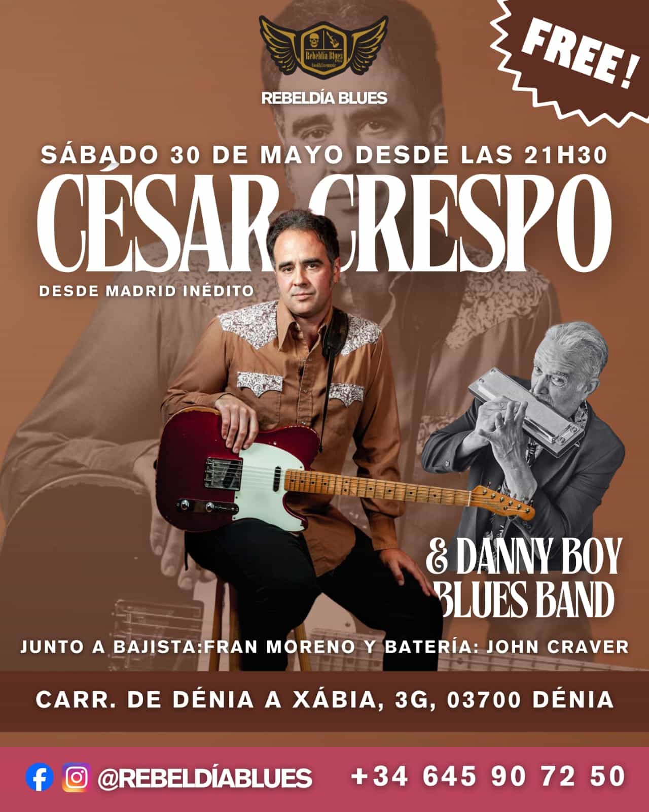 Cartel concierto César Crespo en Rebeldía Blues