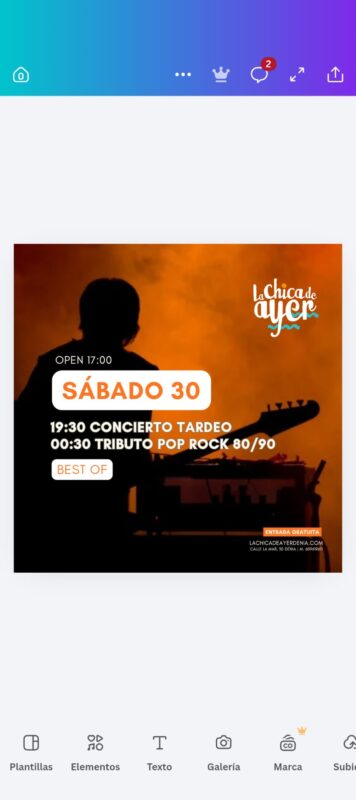 Cartel concierto sábado 30 tributo pop rock
